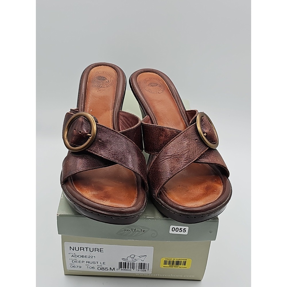 Nurture Adobe 221 Deep Rust Leather Wedge Slide Sandals Women's 8.5 M